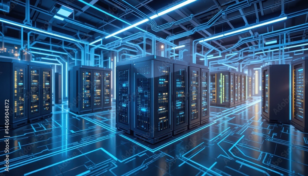 Poster Server room with blue lights emitting a cool glow and showcasing high-tech equipment for data management and storage
