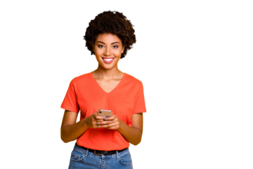 Photo of charming attractive gorgeous fascinating black girlfriend holding phone with her hands wearing jeans denim t-shirt isolated over yellow bright color background