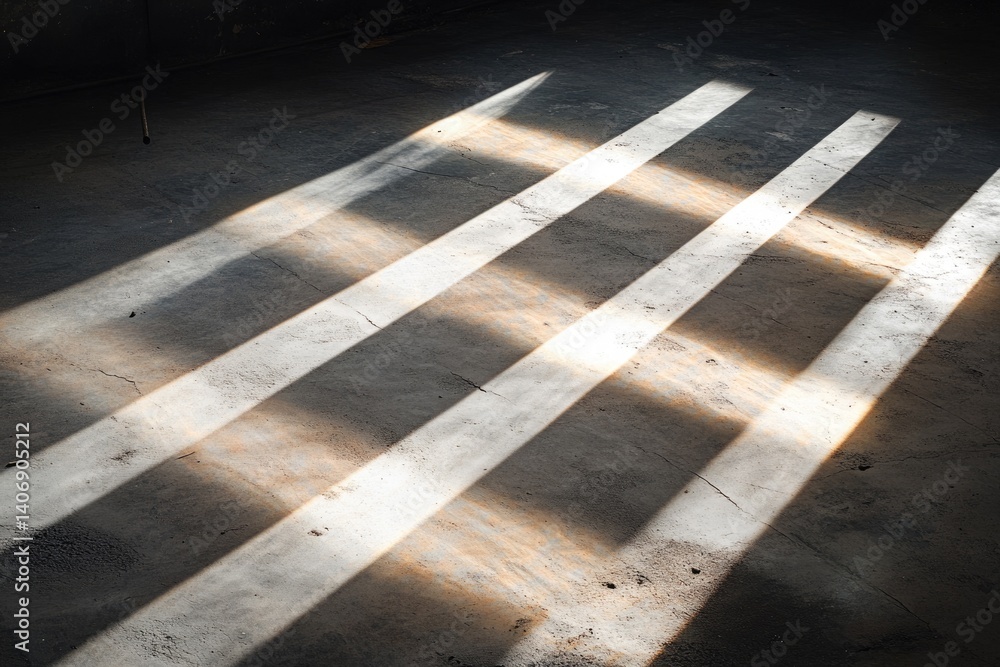 Poster sunlight streams through unseen window, casting parallel stripes across a textured concrete floor.