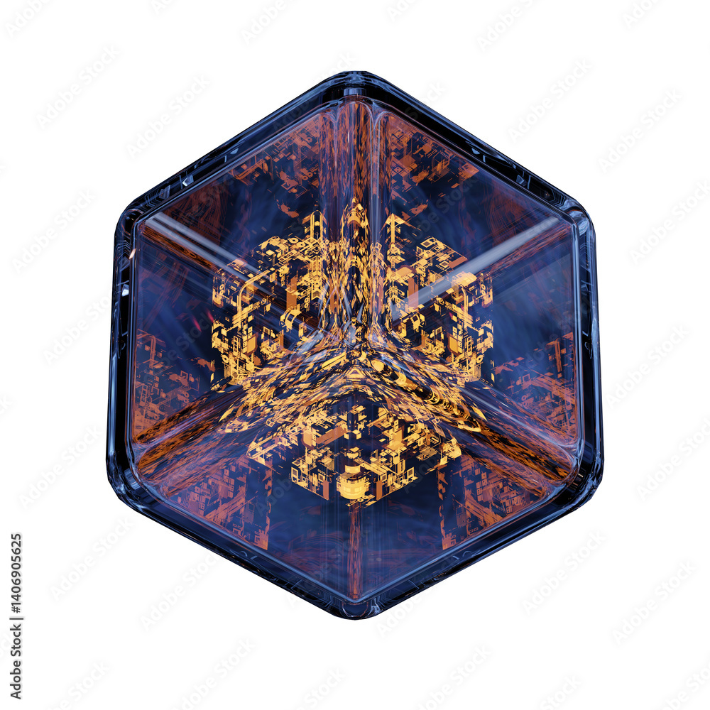 Poster shimmering hexagonal shape reveals detailed golden patterns that appear to glow amidst an intricate 