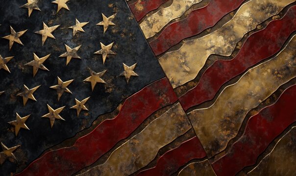 Textured American flag design with gold stars and wavy stripes in red and black