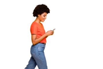 Copyspace photo of charming cute cheerful side profile black american woman wearing t-shirt jeans denim while isolated with yellow vivid color background