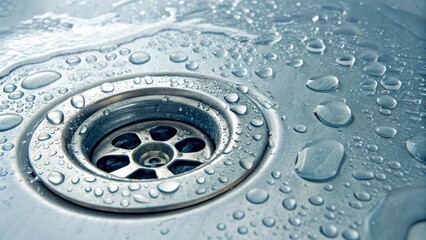 Obraz premium A close-up of a clean sink drain with water drops emphasizes the effectiveness of cleaning. The metal surface shines. A symbol of hygiene and household cleanliness.