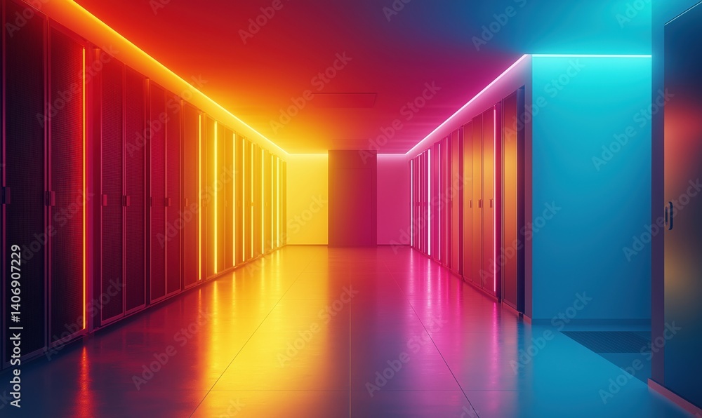 Poster vibrant data center corridor illuminated with colorful led lights and sleek server racks