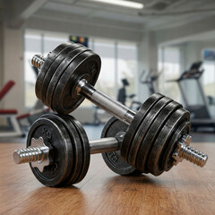 Naklejka premium Pair of Adjustable Dumbbells on a Wooden Gym Floor: Strength Training Equipment for Fitness, Muscle Building, and Home Workouts