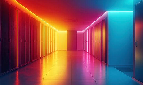Vibrant data center corridor illuminated with colorful LED lights and sleek server racks