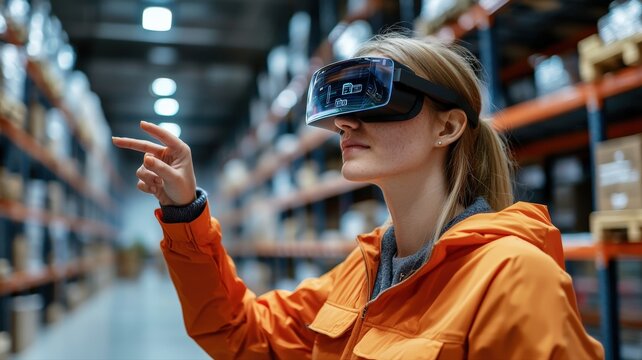 Employee using augmented reality (AR) glasses for hands-free inventory tracking, futuristic warehouse concept