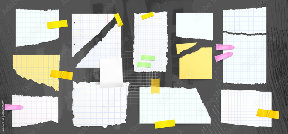 Poster ripped paper sheet fragments with checkered grid pattern on dark background - white torn notebook pa