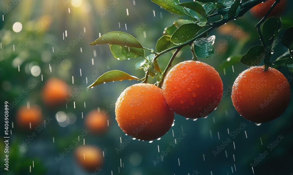 Poster fresh oranges on tree branch with raindrops in vibrant orchard setting