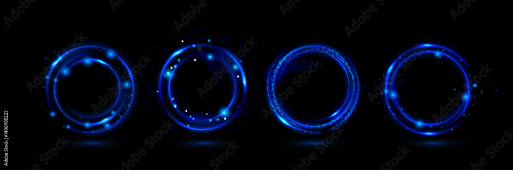 Poster blue light circles set isolated on black background. vector realistic illustration of round neon col