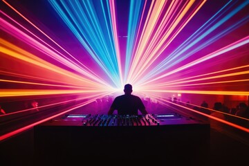 Silhouetted DJ at console, vibrant laser lights illuminate a crowded dance party.