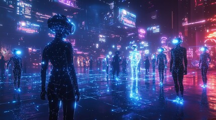 A VR gaming competition with glowing avatars, futuristic arenas, and immersive battles