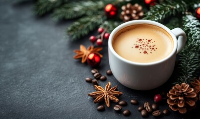 Cup of coffee with christmas decorations on dark background. Christmas and New Year concept