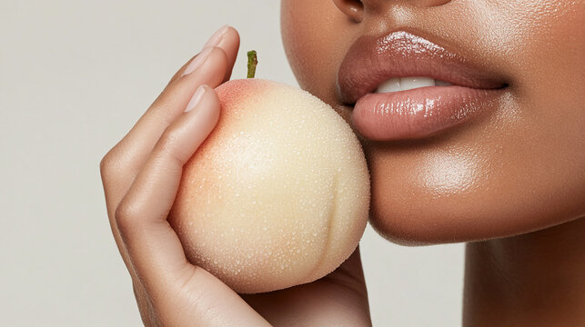 Close up of Black woman face and pouty lips holding a fresh juicy peach. Beauty skin care make up cosmetics concept banner