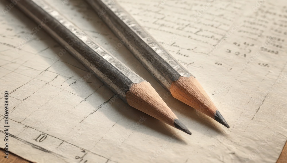 Poster two pencils placed neatly on a piece of blank paper representing collaboration and creativity in a p