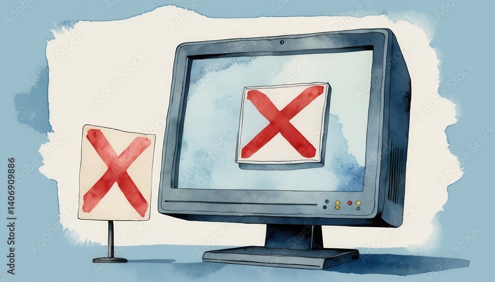 Poster Computer screen featuring a red cross symbol, indicating an error or alert in a professional digital workspace