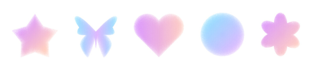 Grainy pastel gradient shapes set isolated on white background. Vector realistic illustration of pink and blue holographic heart, flower, star, butterfly, round figures with noise texture, y2k icons