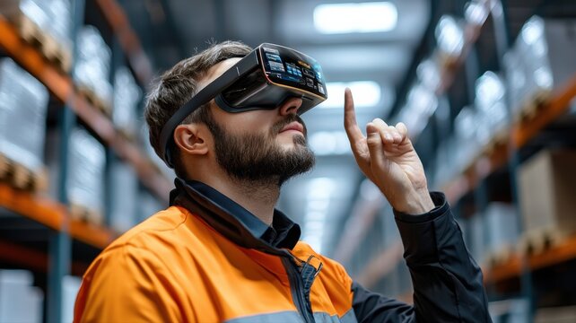 Employee using augmented reality (AR) glasses for hands-free inventory tracking, futuristic warehouse concept