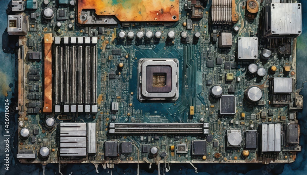 Aufkleber detailed motherboard with intricate circuitry and microchips emphasizing the essential role of elect