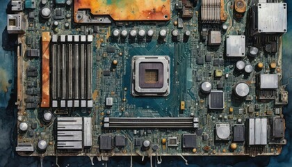 Detailed motherboard with intricate circuitry and microchips emphasizing the essential role of electronics in modern life