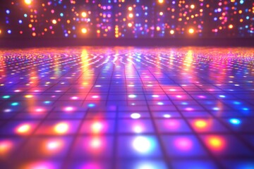 A vibrant dance floor with colorful lights illuminating a grid pattern, creating a lively and energetic atmosphere.