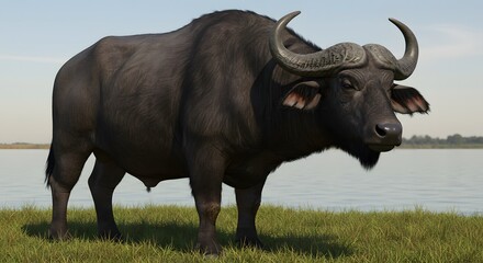 Obraz premium Buffalo Standing on Grass by Lake, Wildlife Animal