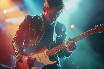 Obraz premium A male musician passionately plays an electric guitar on stage, illuminated by vibrant concert lighting.