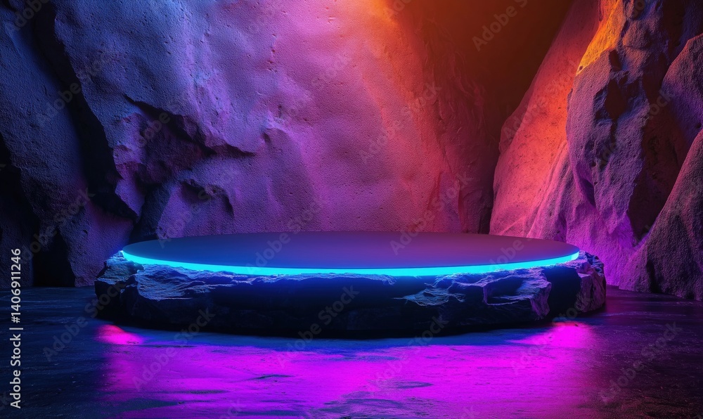 Poster illuminated circular platform in a vibrant cave setting with colorful lighting effects