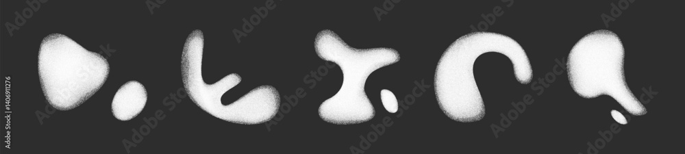 Poster abstract organic shapes with grainy texture in y2k style set - white ink blots, splatters blobs on b