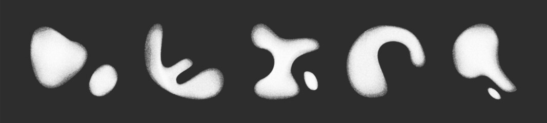Abstract organic shapes with grainy texture in y2k style set - white ink blots, splatters blobs on black background. Grungy noisy stains grunge design elements. Irregular liquid forms splashes. © klyaksun