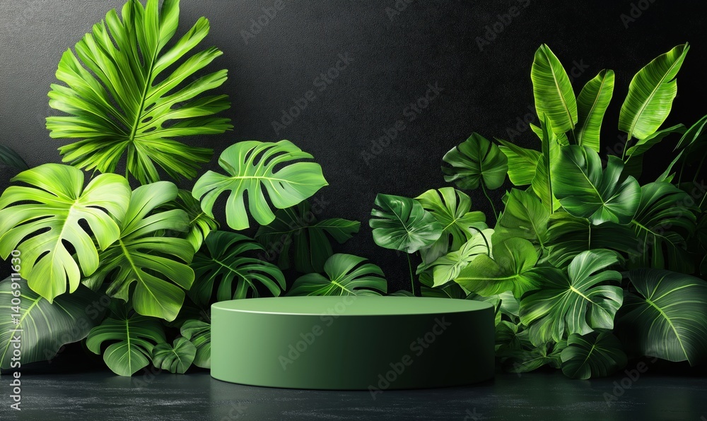 Poster lush greenery with circular display platform for product presentation