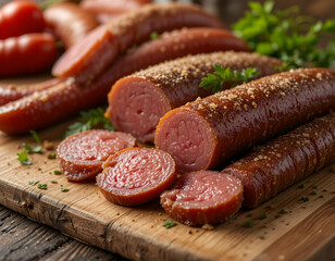 Sliced Sausage on Wooden Board with Parsley Close Up