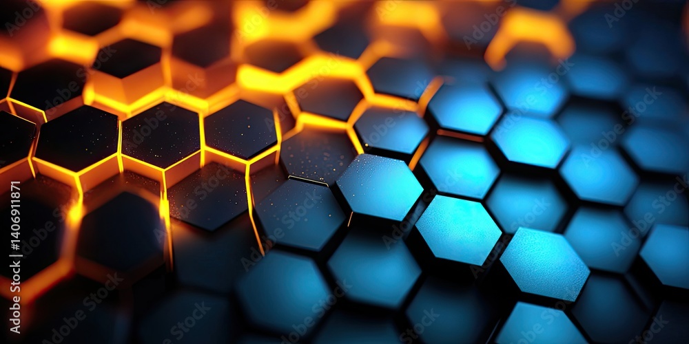 Aufkleber abstract honeycomb network pattern, dark hexagon tiles with illuminated glowing edges