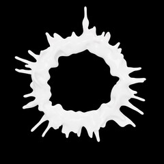 circular splash of white liquid milk cream stands out vividly against a deep black background. 3d...