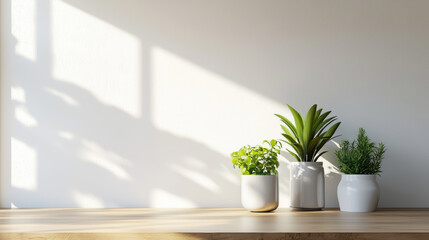 Sunlight streams through a window illuminating three potted herbs and plants sitting neatly on a light wood surface against a minimalist white wall.