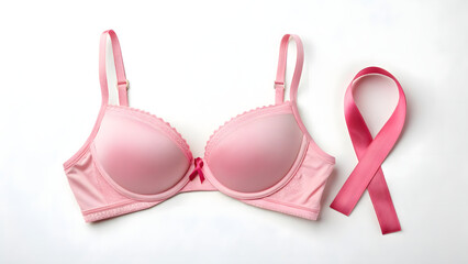 A pink bra and ribbon symbolize breast cancer awareness, a poignant reminder of strength and hope against the disease, on a clean white background.