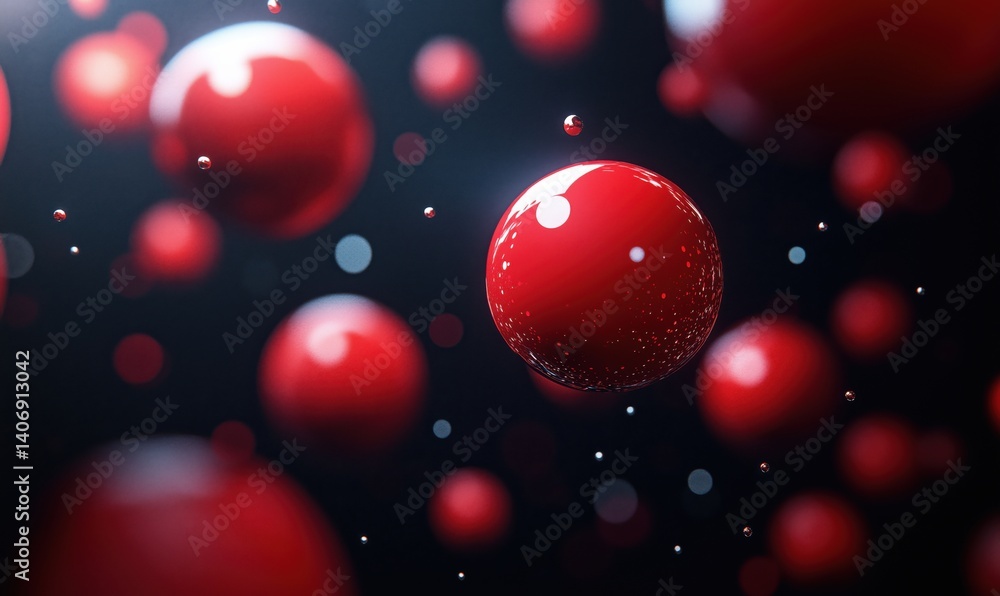 Poster red spheres floating in dark space with reflections and highlights