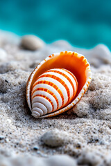 Obraz premium A shell on the sand of a beach next to the ocean