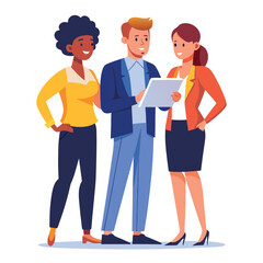 Obraz premium three-diverse-business-partners-standing-and-discus vector image on white background