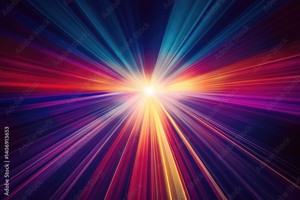 Poster abstract artwork depicting vibrant, radiating lines of light converging towards a bright center, cre