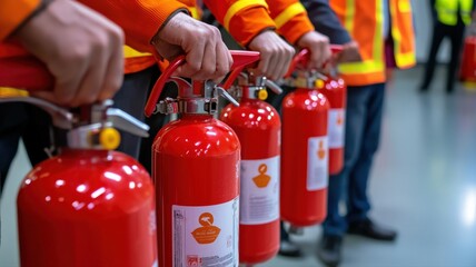 Employees learning how to properly use fire extinguishers in a workplace safety workshop, realistic training scenario