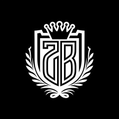 ZB Letter logo heraldic shield shape with crown on black background template design