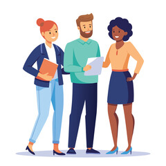 Obraz premium three-diverse-business-partners-standing-and-discus vector image on white background