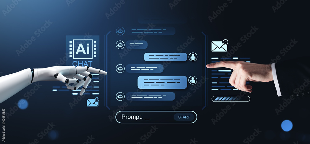 Poster human and robot hand interacting with ai chatbot interface on dark background.