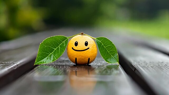 A cheerful orange with a smiley face and green leaves rests on a wooden surface in a lush garden