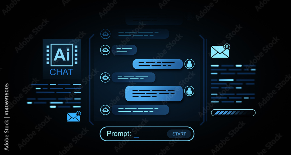Poster futuristic ai chatbot interface with digital conversation bubbles and icons on dark blue glowing scr