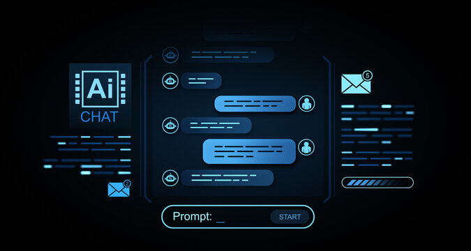 Futuristic AI chatbot interface with digital conversation bubbles and icons on dark blue glowing screen background in high-tech cyber style. 3D Rendering