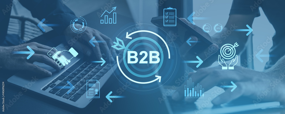 Poster b2b business technology workflow with digital marketing and analytics icons overlayed.