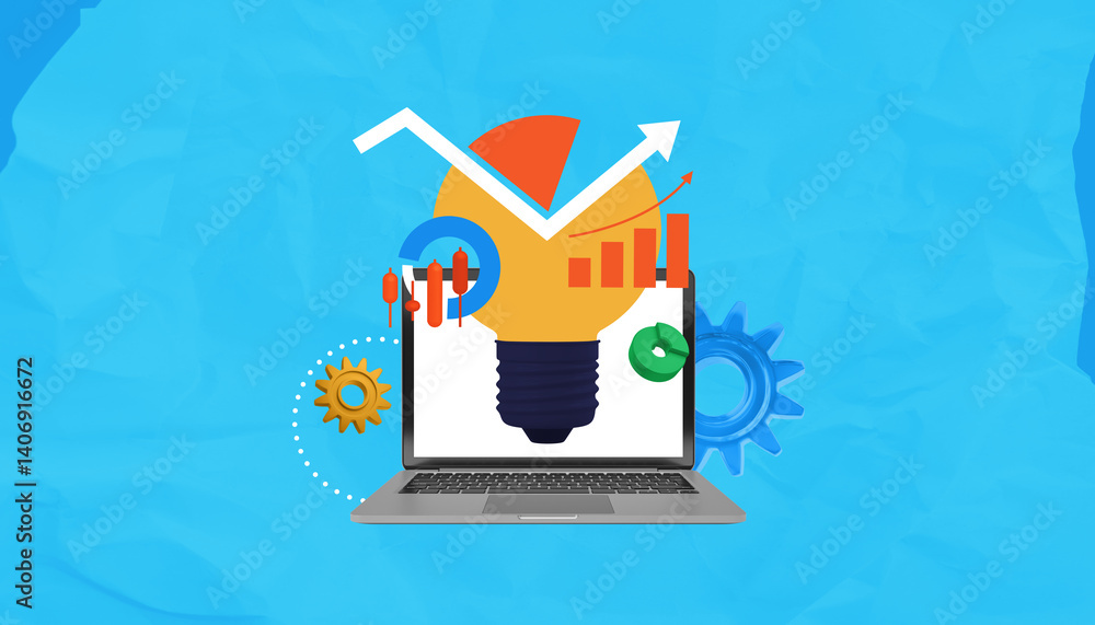Poster laptop displaying lightbulb with graphs, gears, and charts symbolizing innovation, growth and analyt