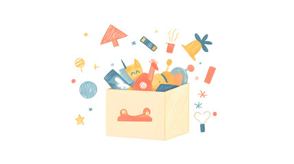 Fototapeta premium A collection of toys spilling out of a box, a joyful illustration of childhood and play.